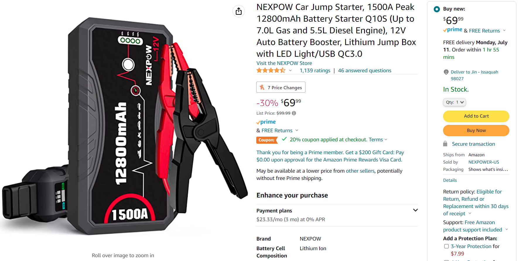 NEXPOW Car Jump Starter, 1500A Peak 12800mAh Battery Starter Q10S (Up to  7.0L Gas and 5.5L Diesel Engine), 12V Auto Battery Booster, Lithium Jump  Box with LED Light/USB QC3.0